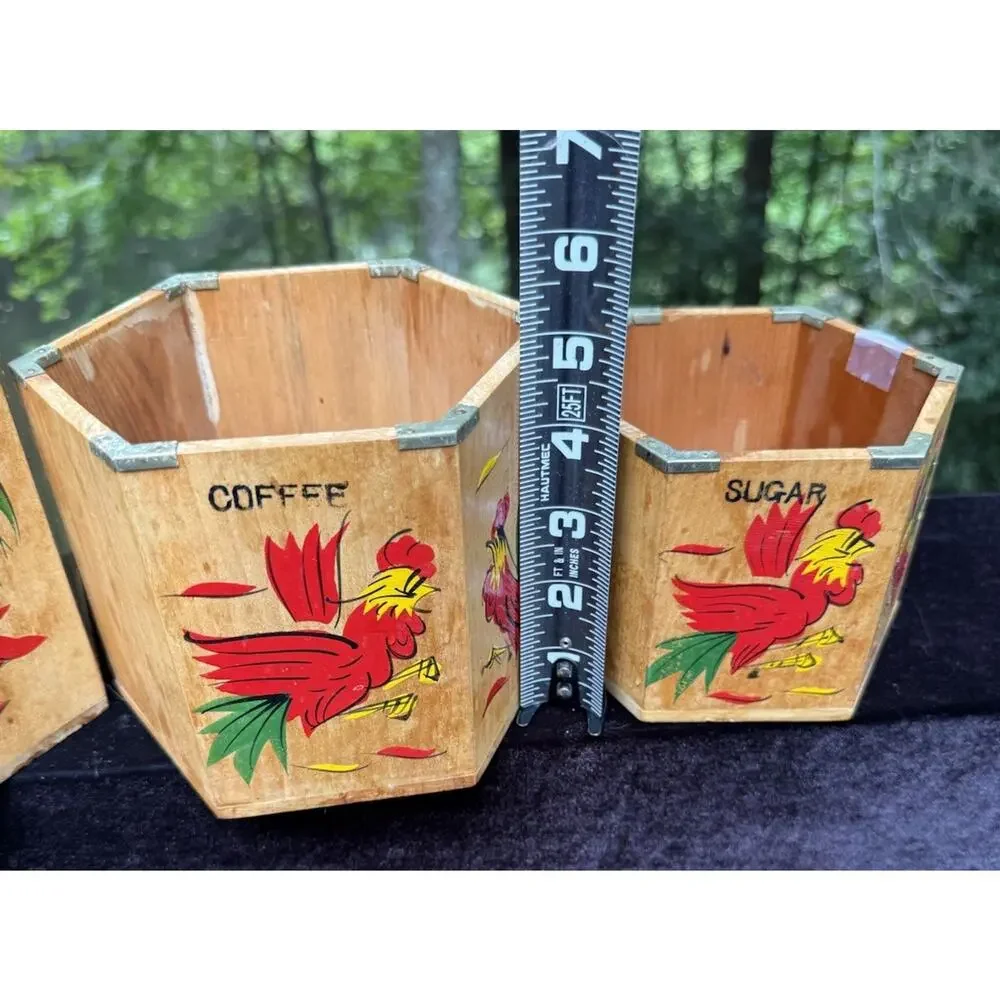 4 MCM 1960’s Japan Betson's Wood Rooster Hexagon 6-Sided Nesting Canisters